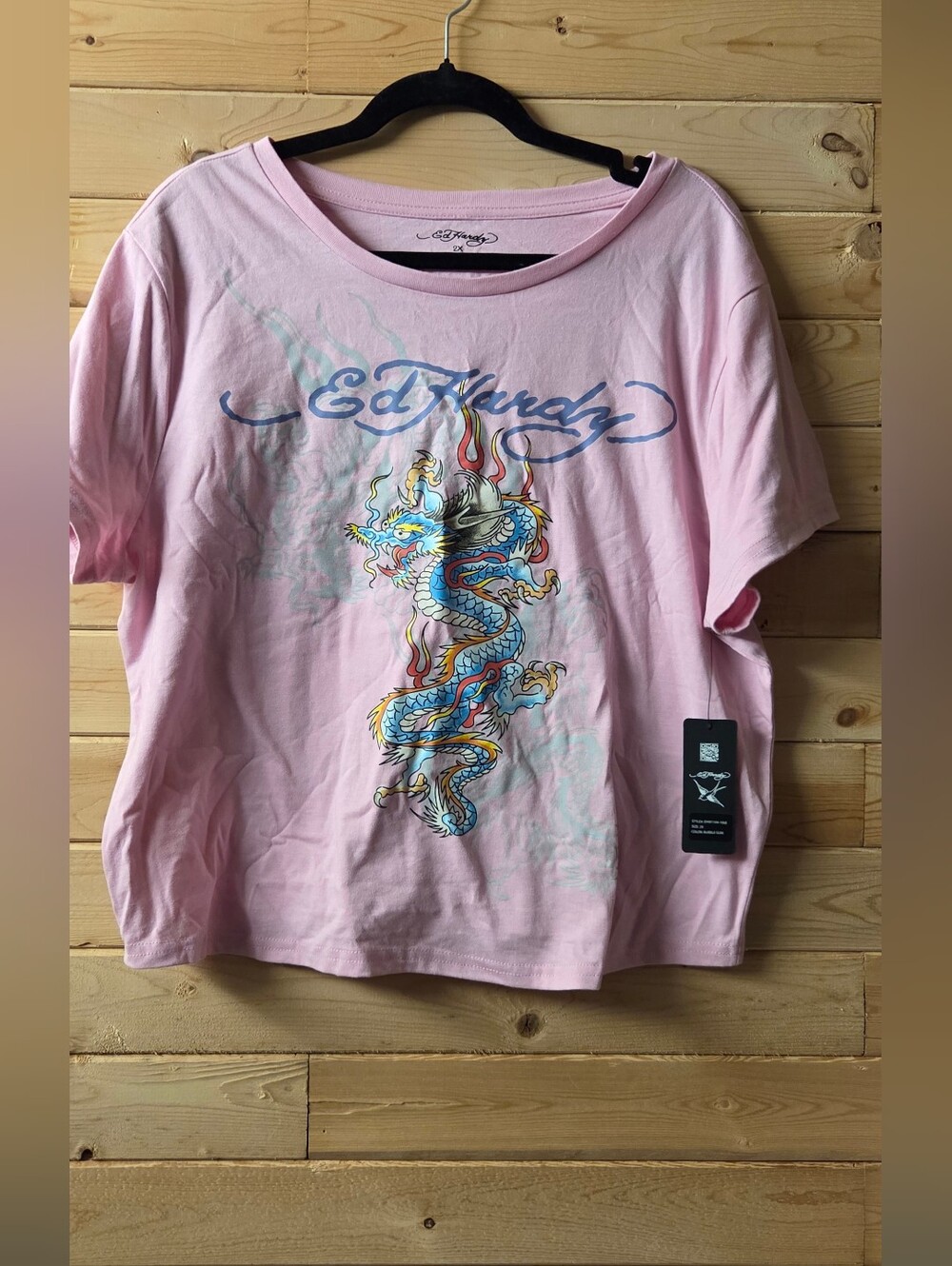 NWT Ed Hardy Womens Plus Size Pink Crop Top with Multicolor Dragon Graphic 2X